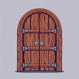 A pixel art style illustration of a wooden door viewed from the front, featuring intricate details such as wood grain texture and iron hinges