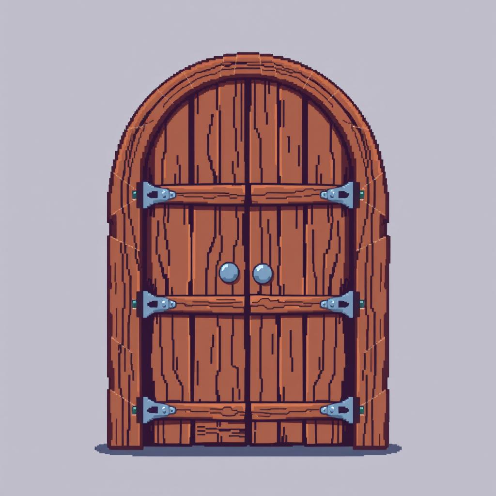 A pixel art style illustration of a wooden door viewed from the front, featuring intricate details such as wood grain texture and iron hinges