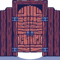 A pixel art style illustration of a wooden door viewed from the front, featuring intricate details such as wood grain texture and iron hinges
