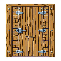 A pixel art style illustration of a wooden door viewed from the front, featuring intricate details such as wood grain texture and iron hinges