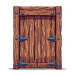 A pixel art style illustration of a wooden door viewed from the front, featuring intricate details such as wood grain texture and iron hinges
