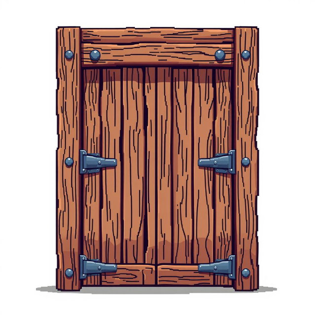 A pixel art style illustration of a wooden door viewed from the front, featuring intricate details such as wood grain texture and iron hinges