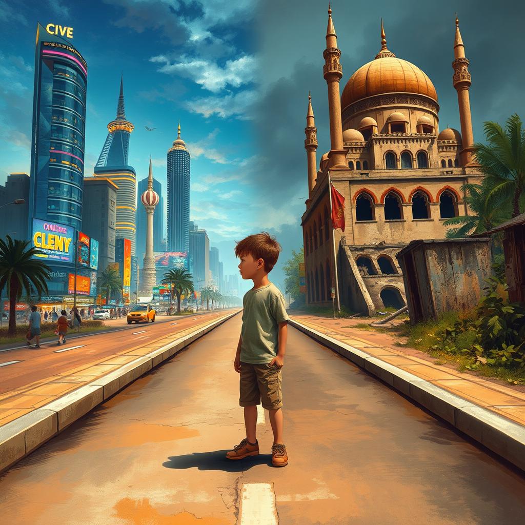 A captivating artwork depicting a young boy standing on a streetway, symbolizing the crossroads of two contrasting worlds