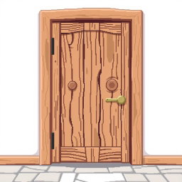 A pixel art representation of a wooden door, viewed from the front