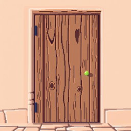 A pixel art representation of a wooden door, viewed from the front