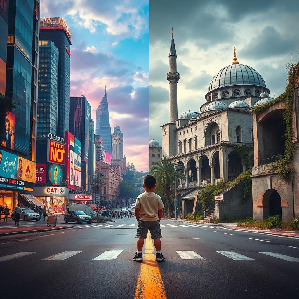 A striking artwork centered around a boy standing on a streetway, embodying the theme of contrast between two distinct environments