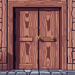 A detailed pixel art representation of a wooden door, viewed from the front
