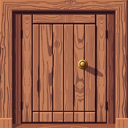 A detailed pixel art representation of a wooden door, viewed from the front