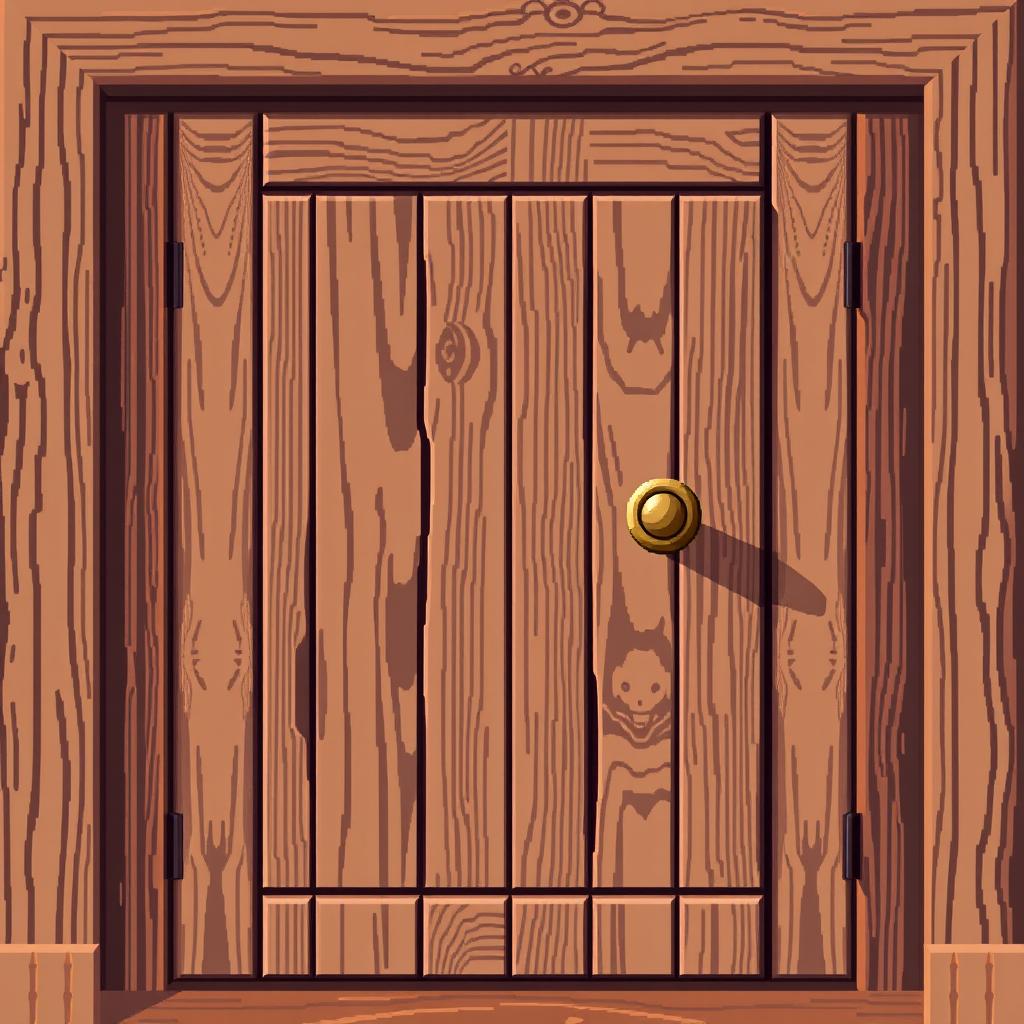 A detailed pixel art representation of a wooden door, viewed from the front