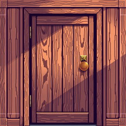 A detailed pixel art representation of a wooden door, viewed from the front