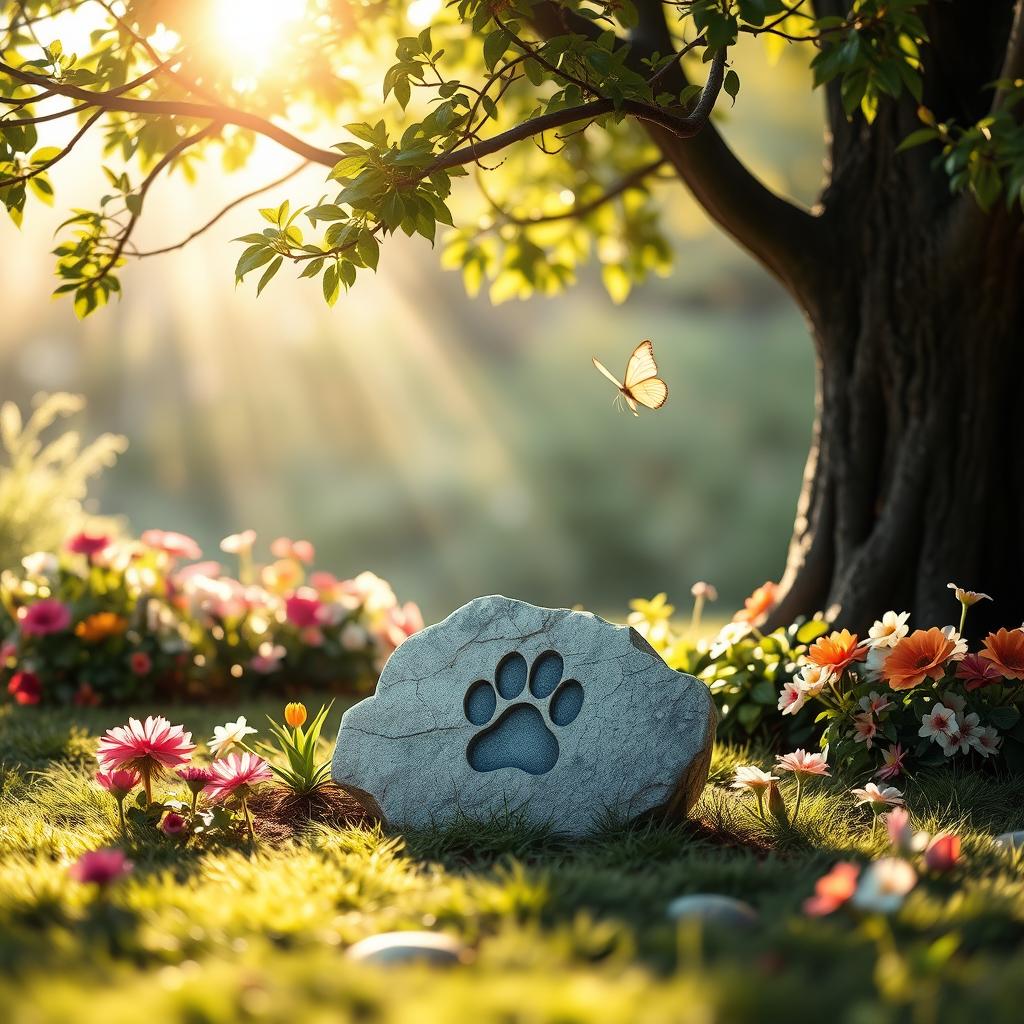 A peaceful tribute scene featuring a serene, gently lit garden with colorful flowers and greenery
