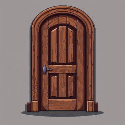 A detailed pixel art depiction of a wooden door, viewed from the front