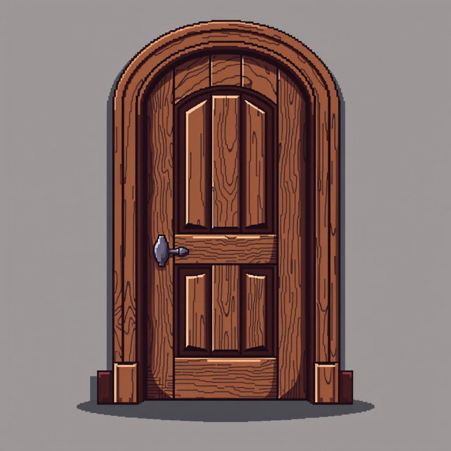 A detailed pixel art depiction of a wooden door, viewed from the front