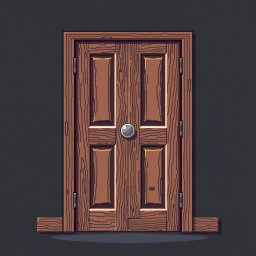 A detailed pixel art depiction of a wooden door, viewed from the front