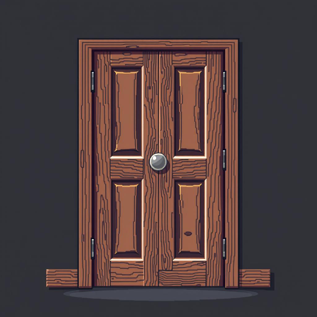 A detailed pixel art depiction of a wooden door, viewed from the front