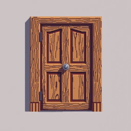 A detailed pixel art depiction of a wooden door, viewed from the front