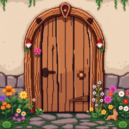 A pixel art scene featuring a charming wooden door adorned with whimsical gnome motifs