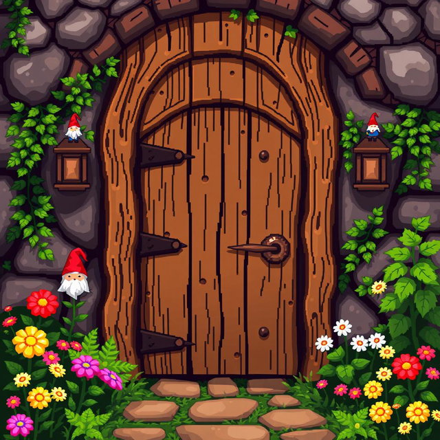 A pixel art scene featuring a charming wooden door adorned with whimsical gnome motifs