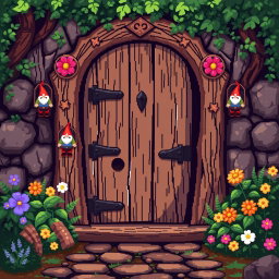 A pixel art scene featuring a charming wooden door adorned with whimsical gnome motifs