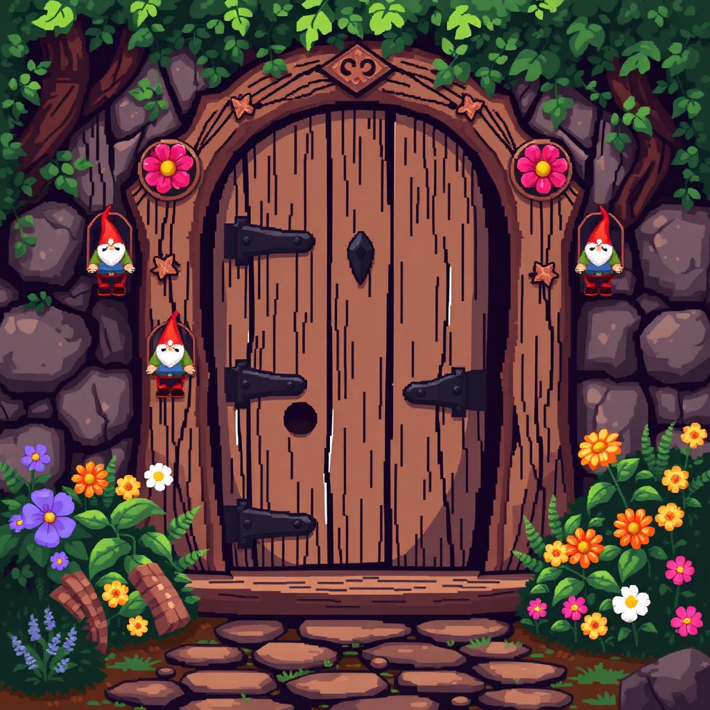 A pixel art scene featuring a charming wooden door adorned with whimsical gnome motifs