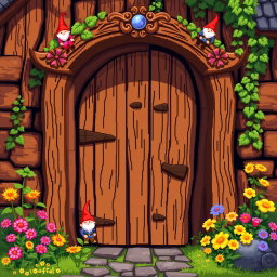 A pixel art scene featuring a charming wooden door adorned with whimsical gnome motifs