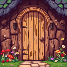 A pixel art scene featuring a wooden door designed with a gnome theme, viewed from the front