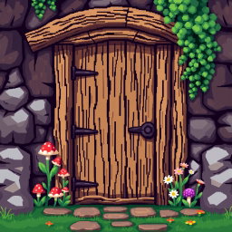 A pixel art scene featuring a wooden door designed with a gnome theme, viewed from the front