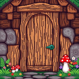 A pixel art scene featuring a wooden door designed with a gnome theme, viewed from the front