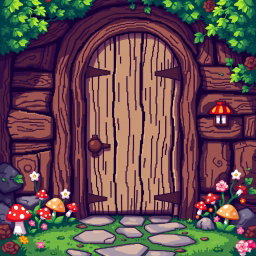 A pixel art scene featuring a wooden door designed with a gnome theme, viewed from the front