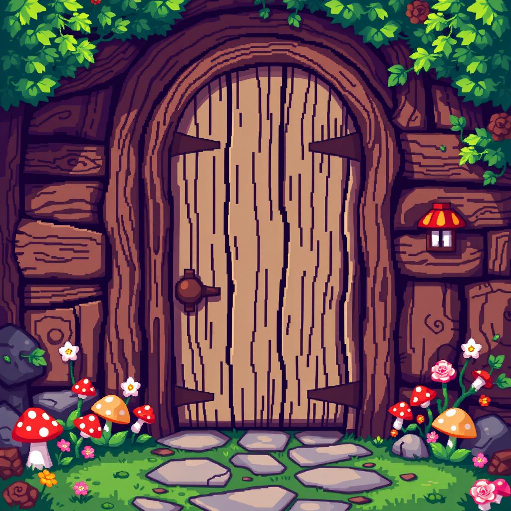A pixel art scene featuring a wooden door designed with a gnome theme, viewed from the front