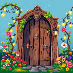 A pixel art depiction of a wooden door in front view, adorned with elements inspired by gnomes