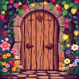 A pixel art depiction of a wooden door in front view, adorned with elements inspired by gnomes