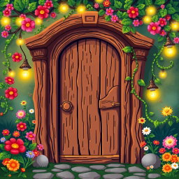 A pixel art depiction of a wooden door in front view, adorned with elements inspired by gnomes