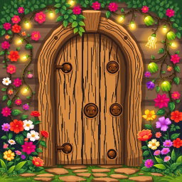 A pixel art depiction of a wooden door in front view, adorned with elements inspired by gnomes