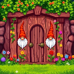 A pixel art illustration of a wooden door with gnome motifs, showing a frontal view