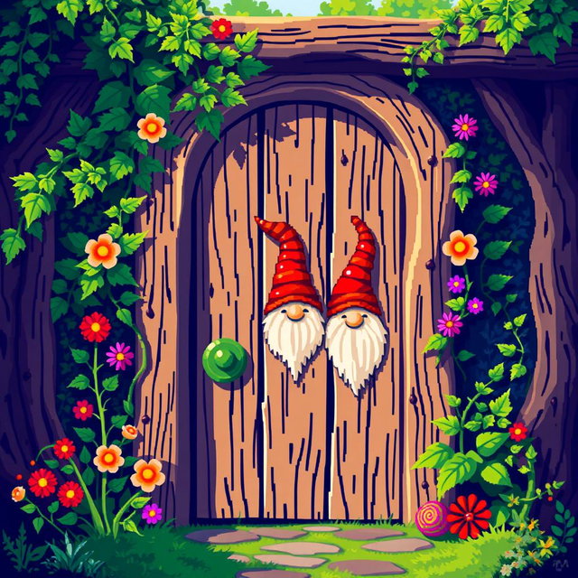 A pixel art illustration of a wooden door with gnome motifs, showing a frontal view
