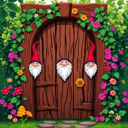 A pixel art illustration of a wooden door with gnome motifs, showing a frontal view