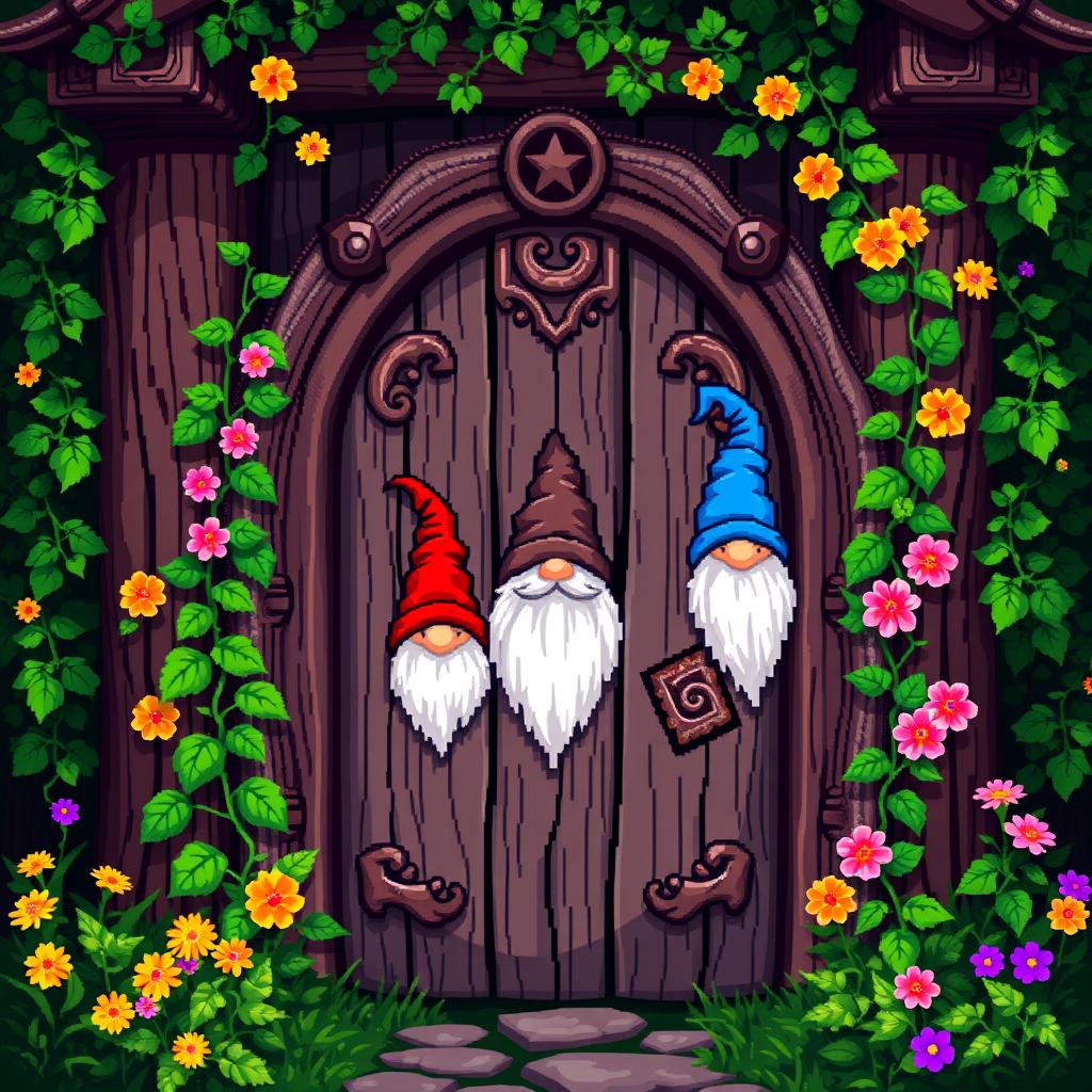 A pixel art illustration of a wooden door with gnome motifs, showing a frontal view