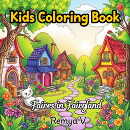 A magical fairy village scene for a children's coloring book cover