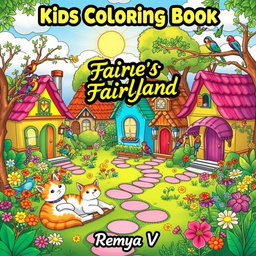 A magical fairy village scene for a children's coloring book cover