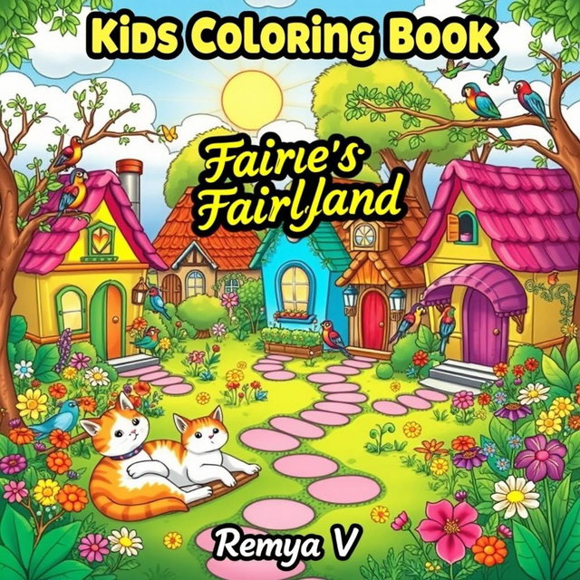 A magical fairy village scene for a children's coloring book cover