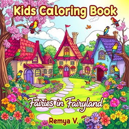 A magical fairy village scene for a children's coloring book cover