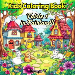 A magical fairy village scene for a children's coloring book cover