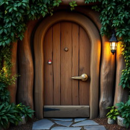 A front view of a wooden door crafted in a gnome theme, featuring intricate pixel art design elements