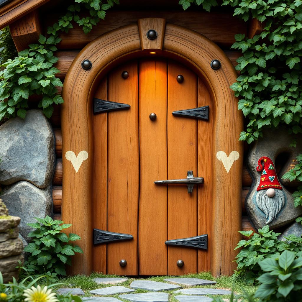 A front view of a wooden door crafted in a gnome theme, featuring intricate pixel art design elements