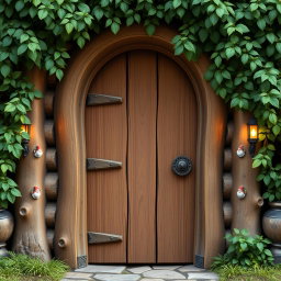 A front view of a wooden door crafted in a gnome theme, featuring intricate pixel art design elements