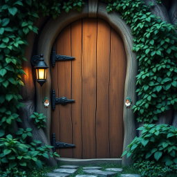 A front view of a wooden door crafted in a gnome theme, featuring intricate pixel art design elements
