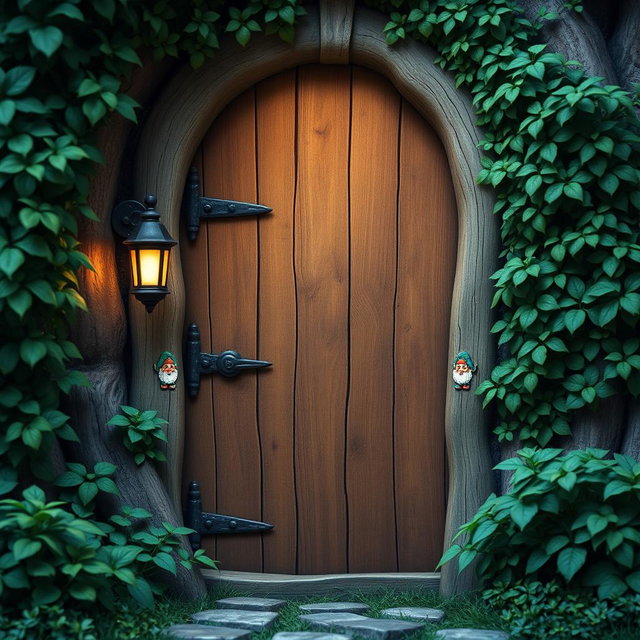 A front view of a wooden door crafted in a gnome theme, featuring intricate pixel art design elements