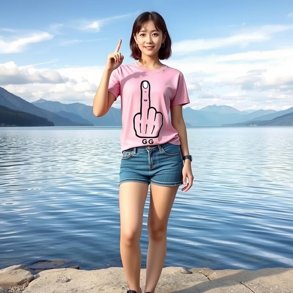 A beautiful Korean woman wearing a pink t-shirt featuring a middle finger graphic and the initials 'G', paired with short denim jeans and sneakers