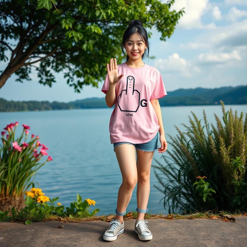 A beautiful Korean woman wearing a pink t-shirt featuring a graphic of a middle finger alongside the initials 'G'